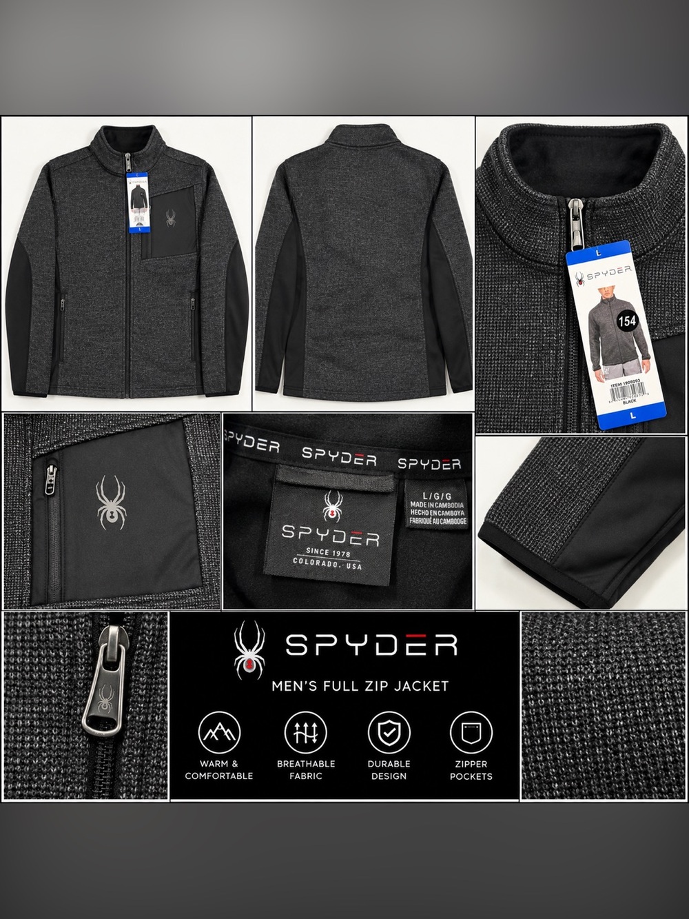 Spyder Men's Charcoal and Black Lightweight Full-Zip Jacket Large